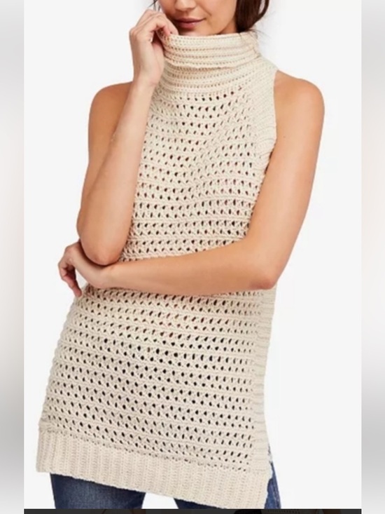 Free People Sweaters - Free People Cream Crochet Sleeveless Turtleneck Sweater